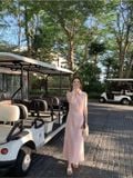  Đầm midi sát nách cổ sơ mi hồng pastel thanh lịch 