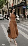  Đầm midi cổ tròn dáng ôm eo phối chân váy phồng form bí 