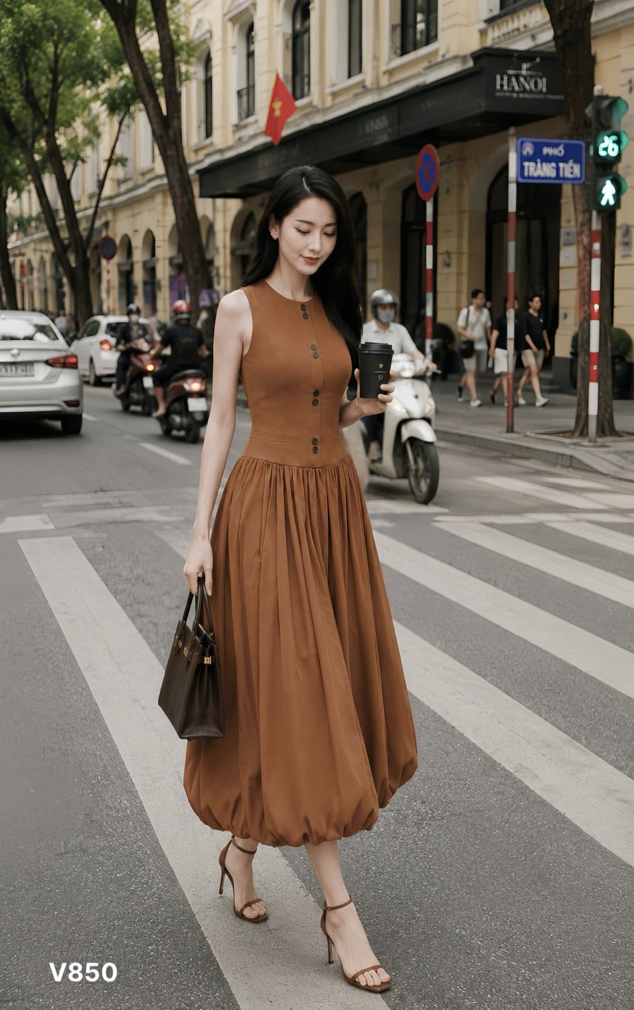  Đầm midi cổ tròn dáng ôm eo phối chân váy phồng form bí 