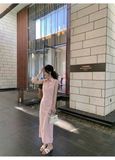  Đầm midi sát nách cổ sơ mi hồng pastel thanh lịch 