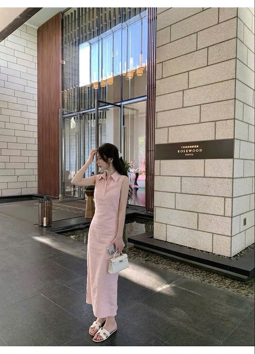  Đầm midi sát nách cổ sơ mi hồng pastel thanh lịch 