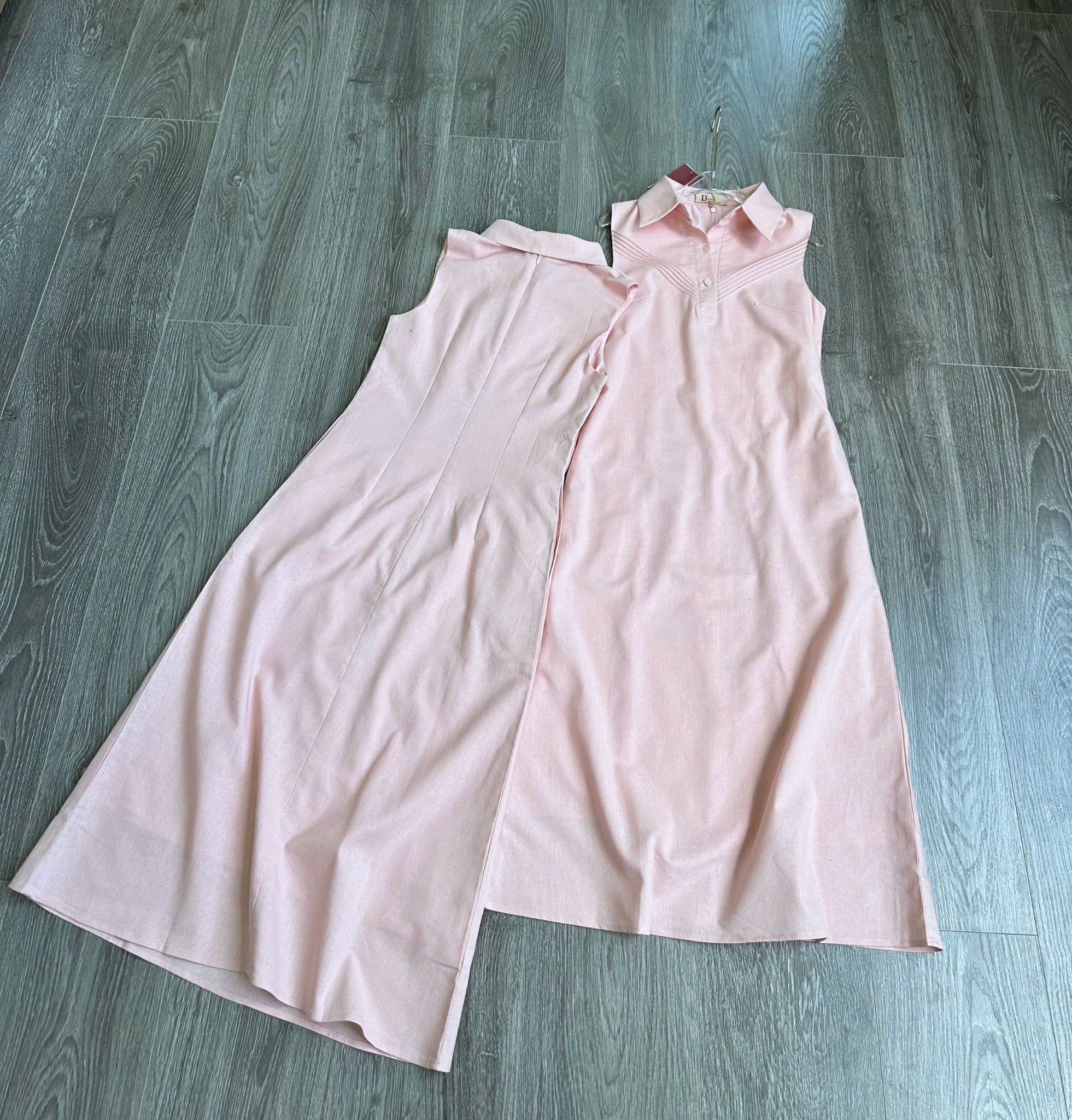  Đầm midi sát nách cổ sơ mi hồng pastel thanh lịch 