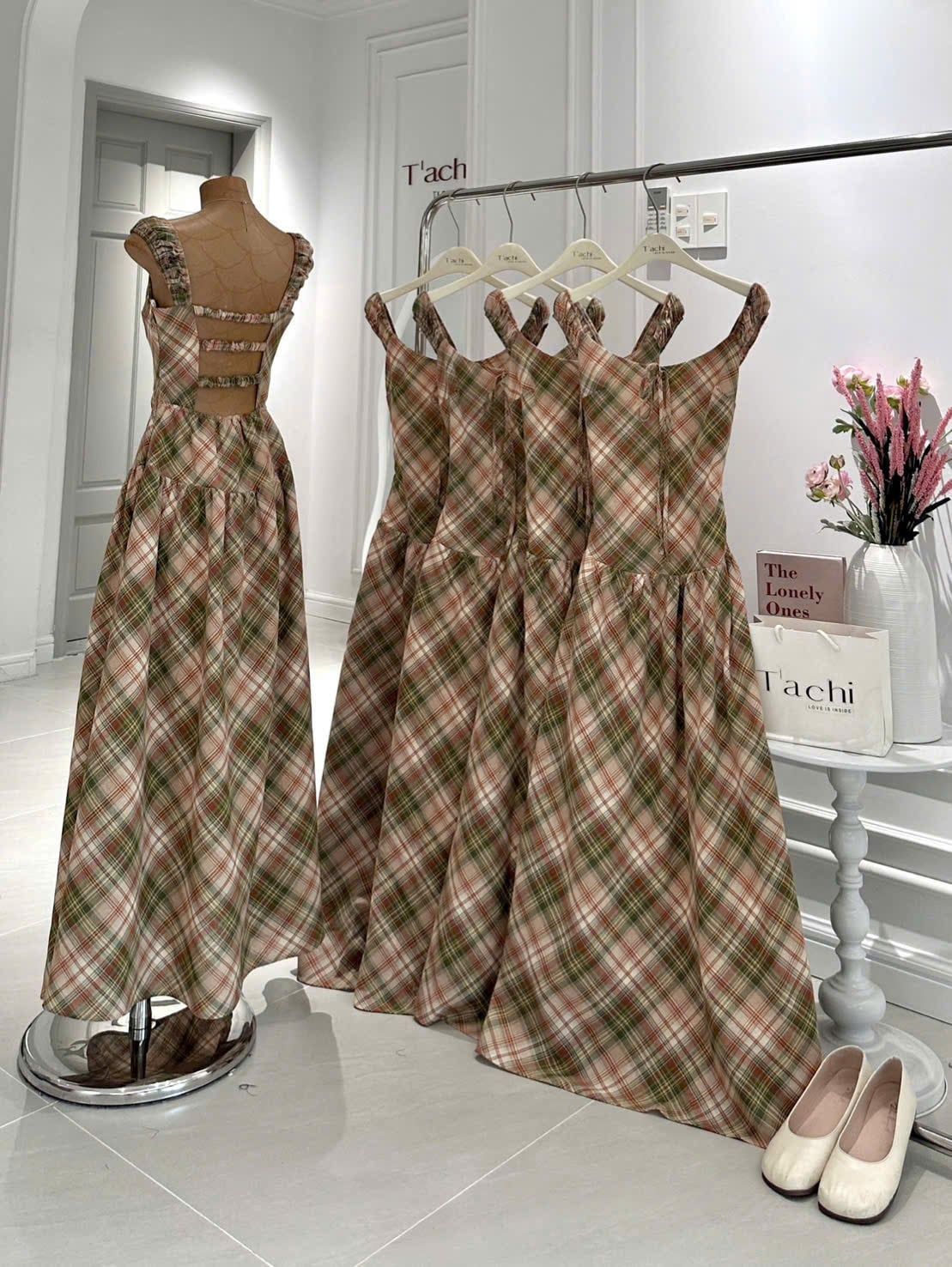  Đầm Mixi Nữ Caro Thắt Nơ Ngực Dây Ngang Lưng Dáng Dài 