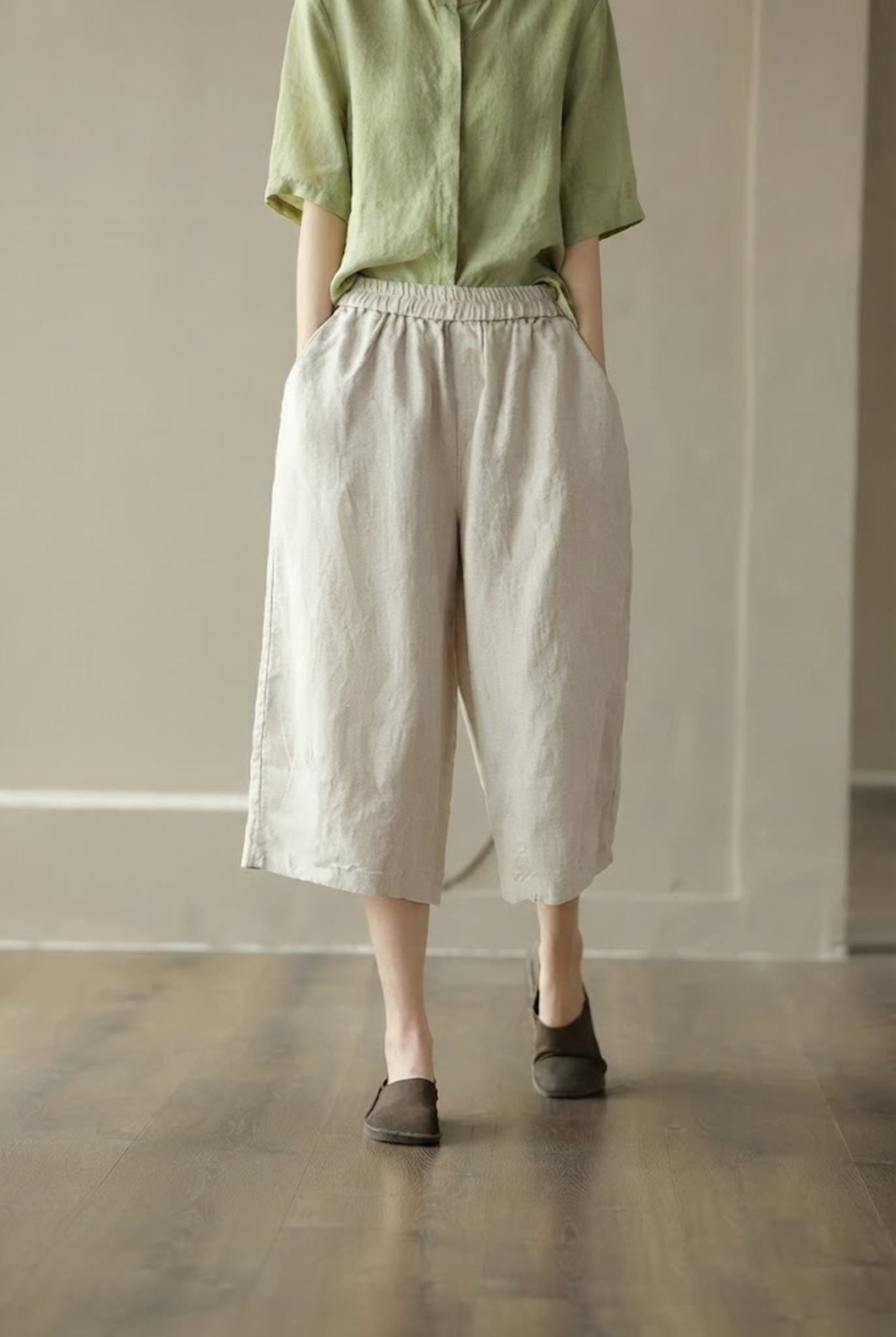  Quần linen nữ dáng lửng lưng chun phong cách Hàn Quốc nhẹ nhàng 