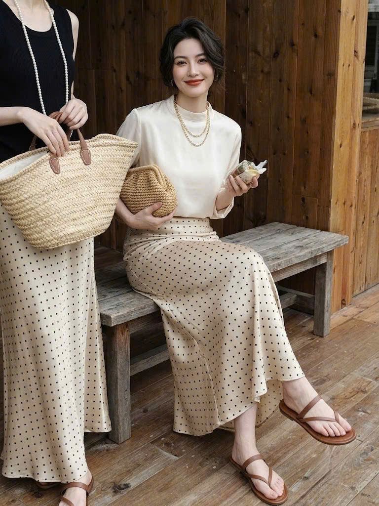  Chân váy lụa hoạ tiết chấm bi nữ 