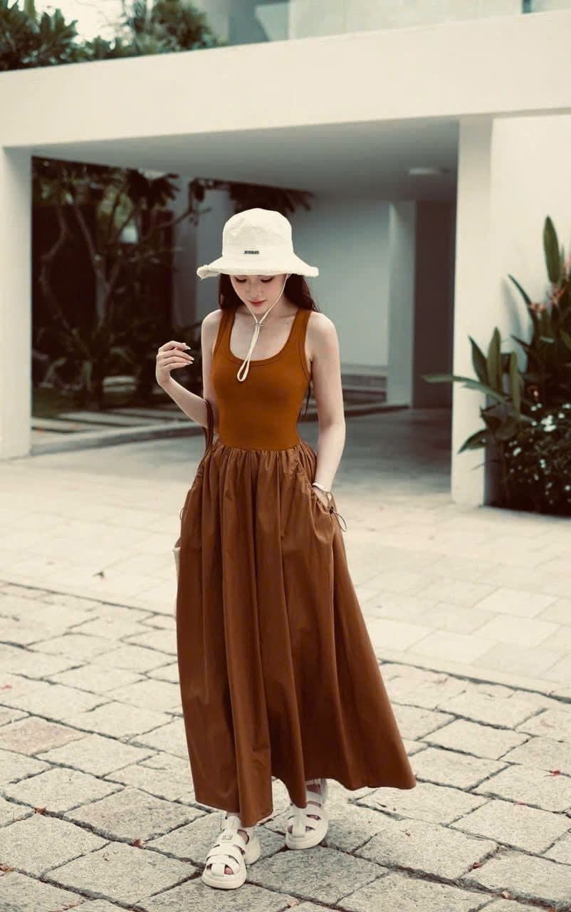  Đầm nữ middi thun phối thô 