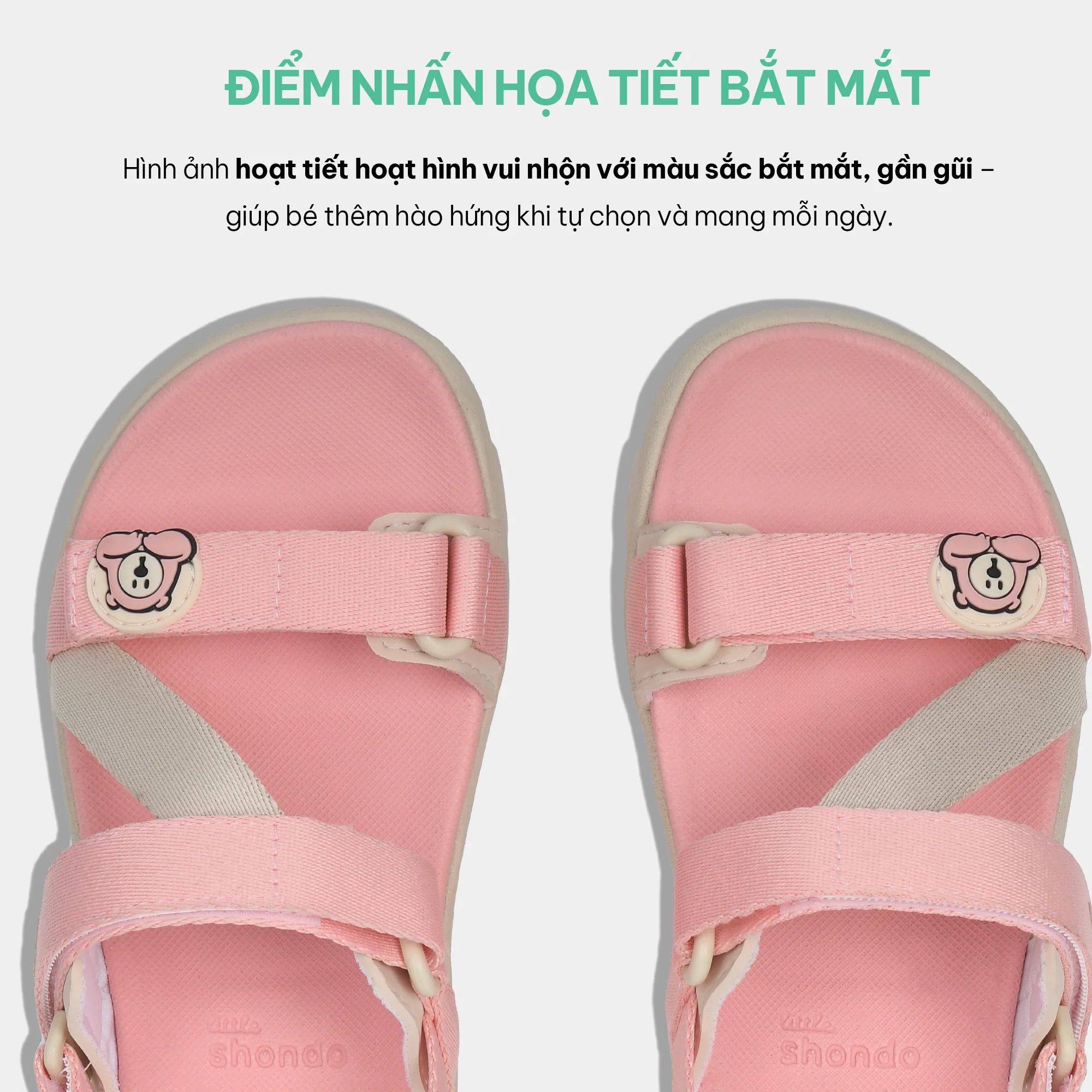  Sandal Shondo trẻ em little 6 tem gấu hồng kem, khủng long đen xám 