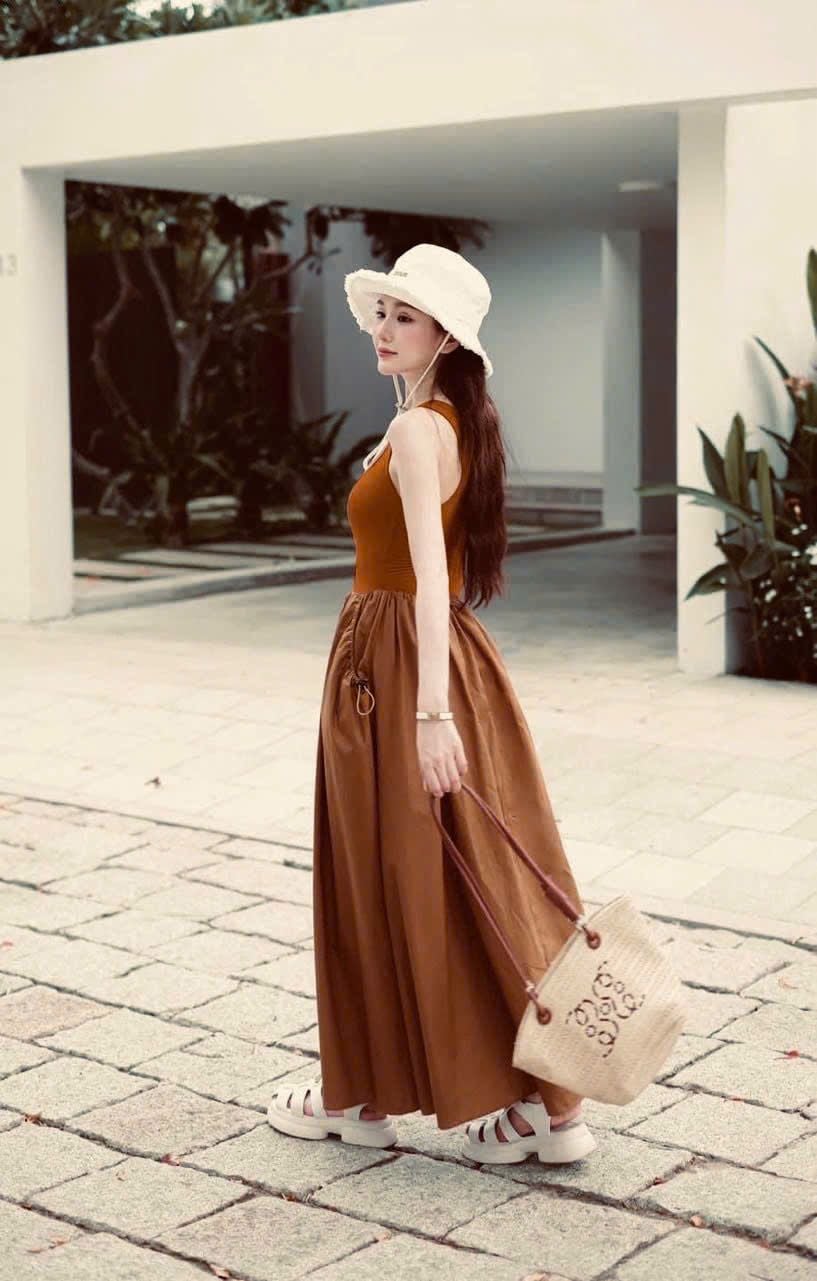  Đầm nữ middi thun phối thô 