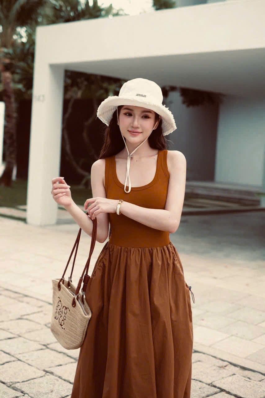  Đầm nữ middi thun phối thô 