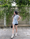  Áo Sơ mi nữ tay ngắn buộc lệch kẻ thô 