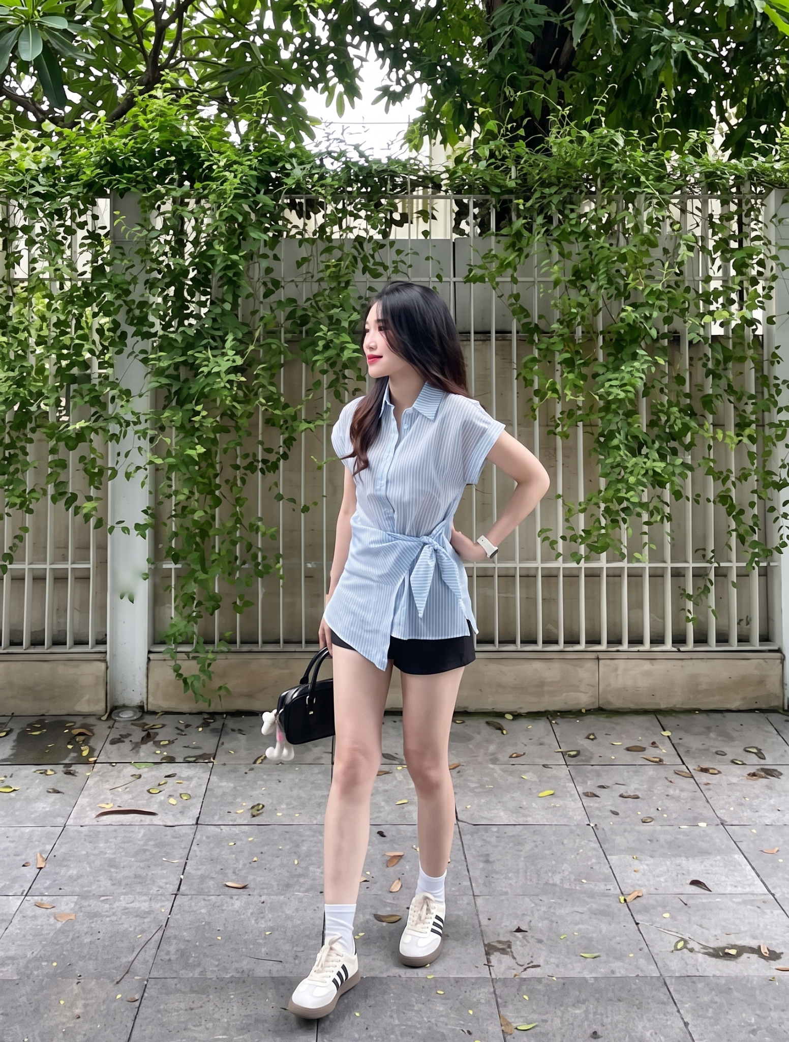  Áo Sơ mi nữ tay ngắn buộc lệch kẻ thô 