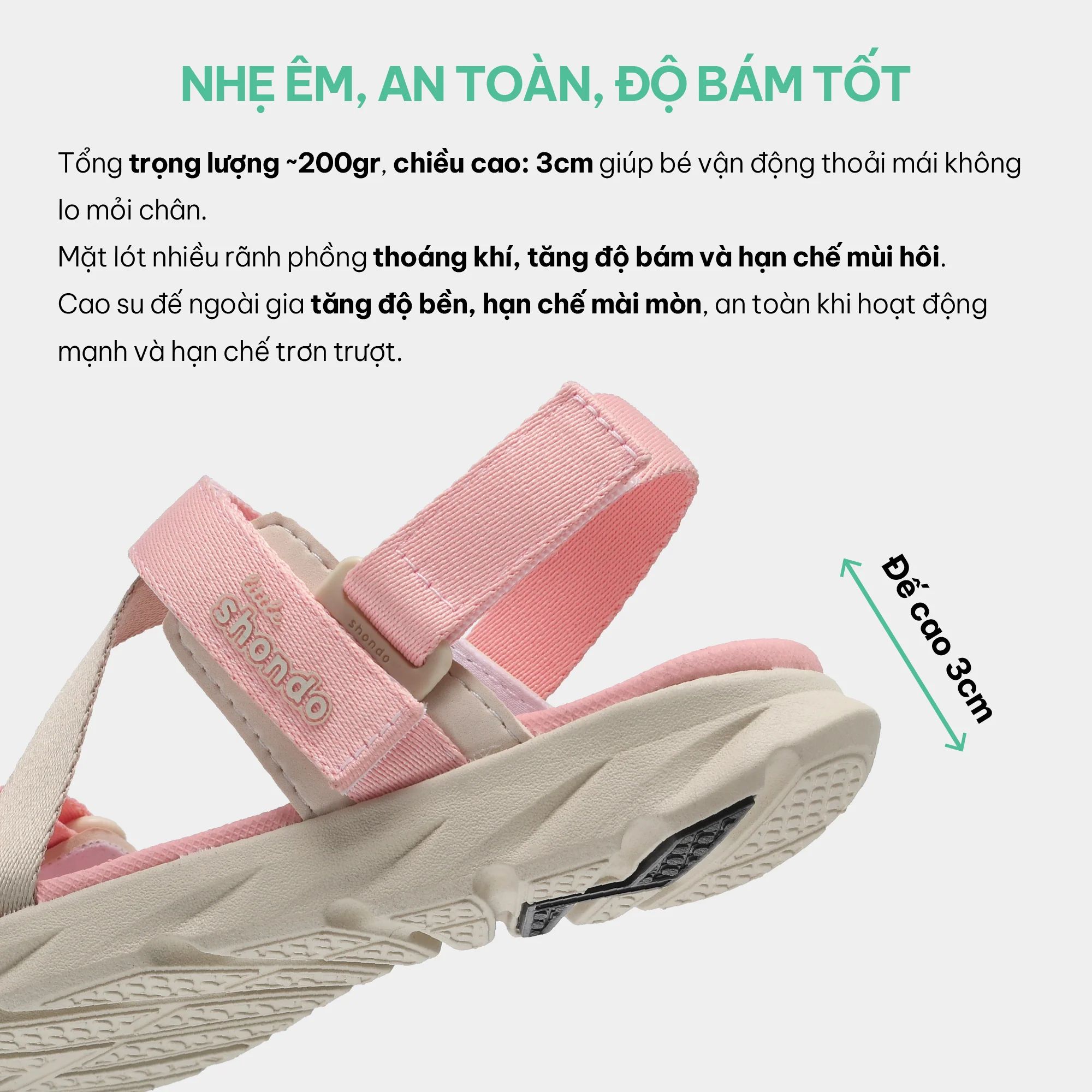  Sandal Shondo trẻ em little 6 tem gấu hồng kem, khủng long đen xám 