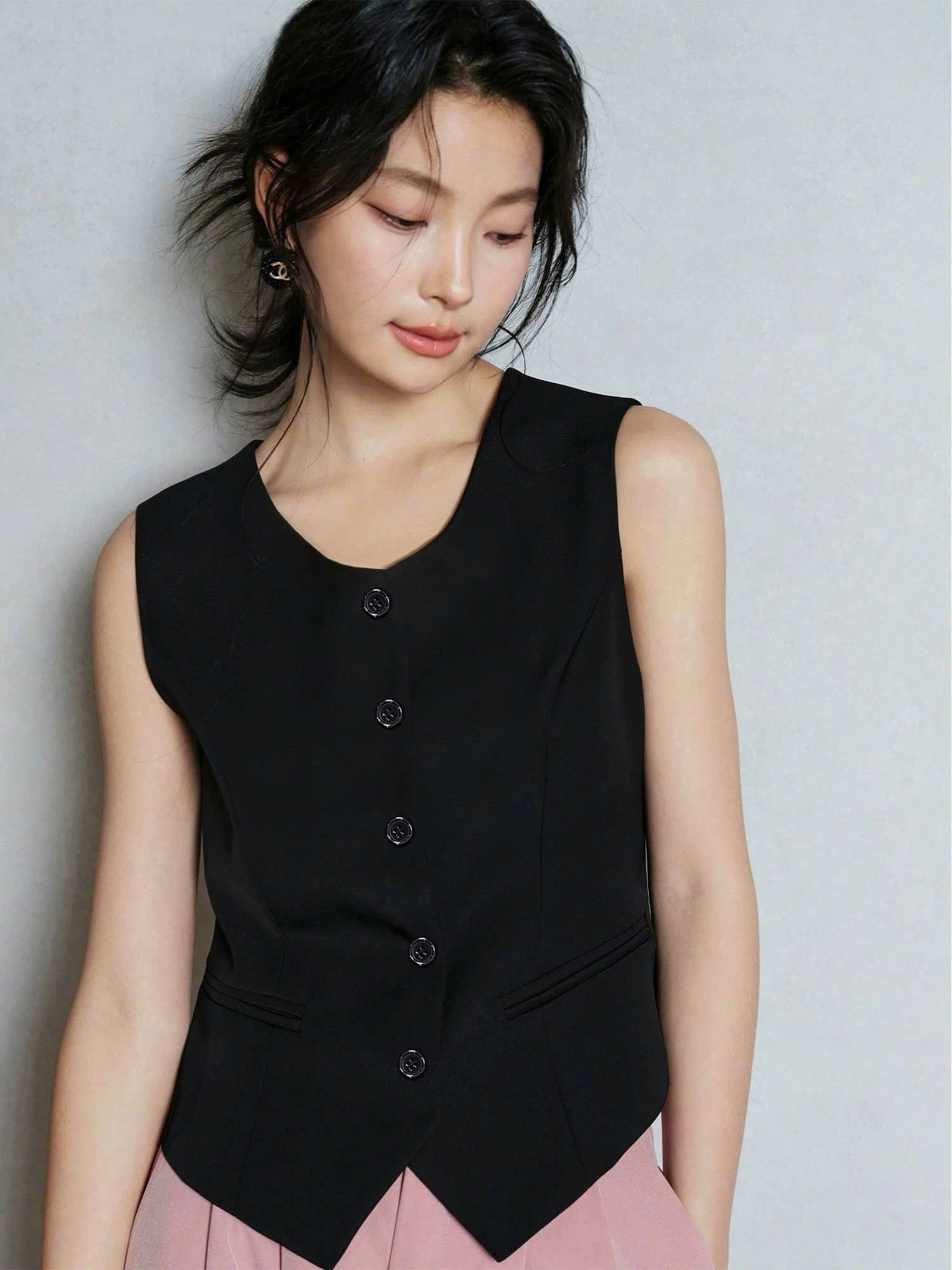  Áo gile công sở cài nút vải suiting nữ 