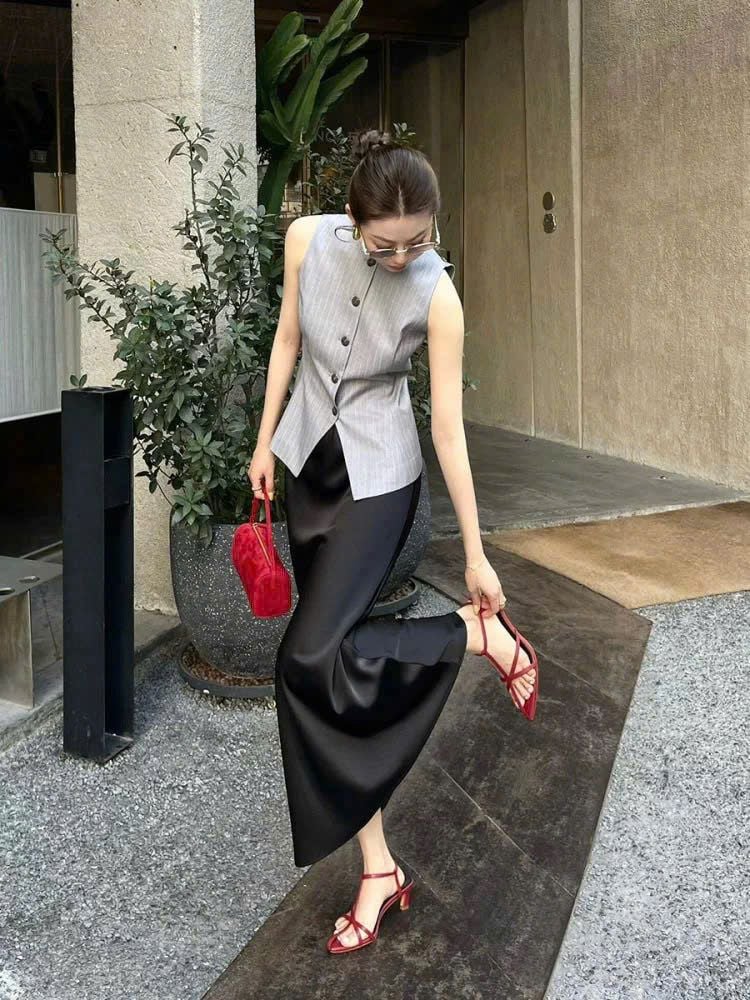  Áo vest gile nữ trắng đen 