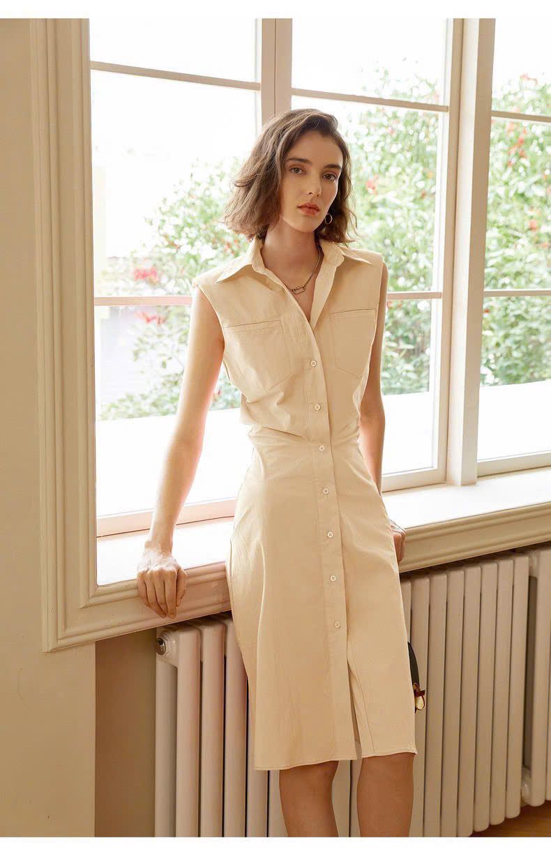  Đầm nữ sát nách cổ sơ mi thắt eo 