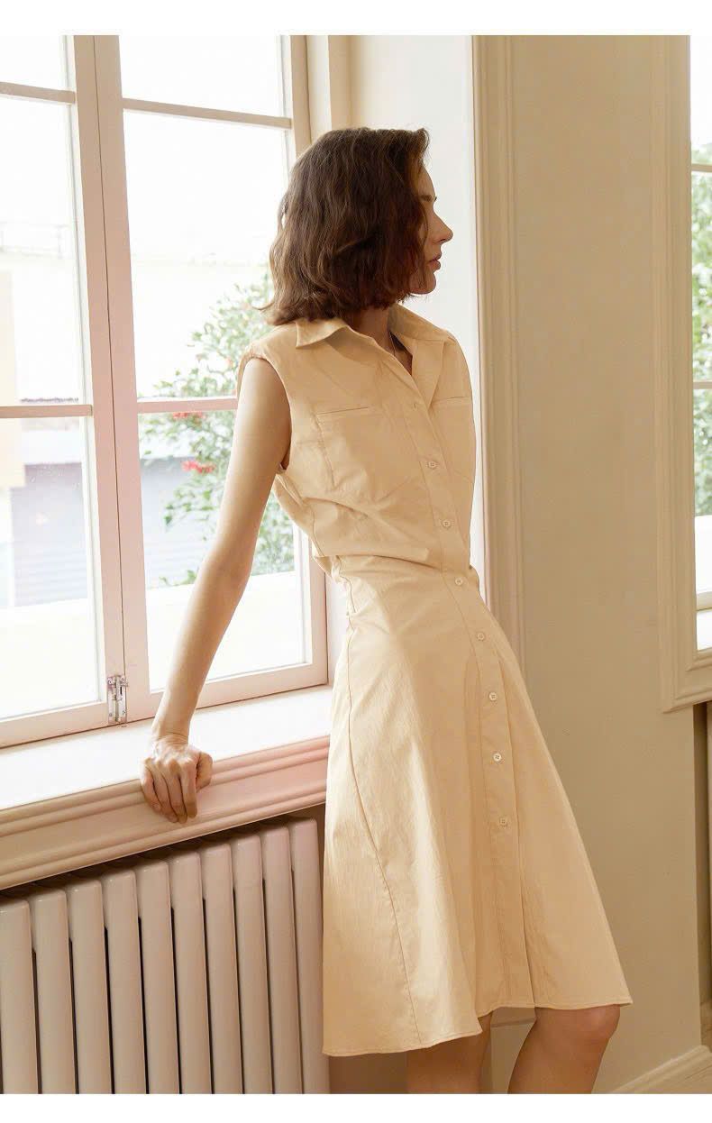  Đầm nữ sát nách cổ sơ mi thắt eo 