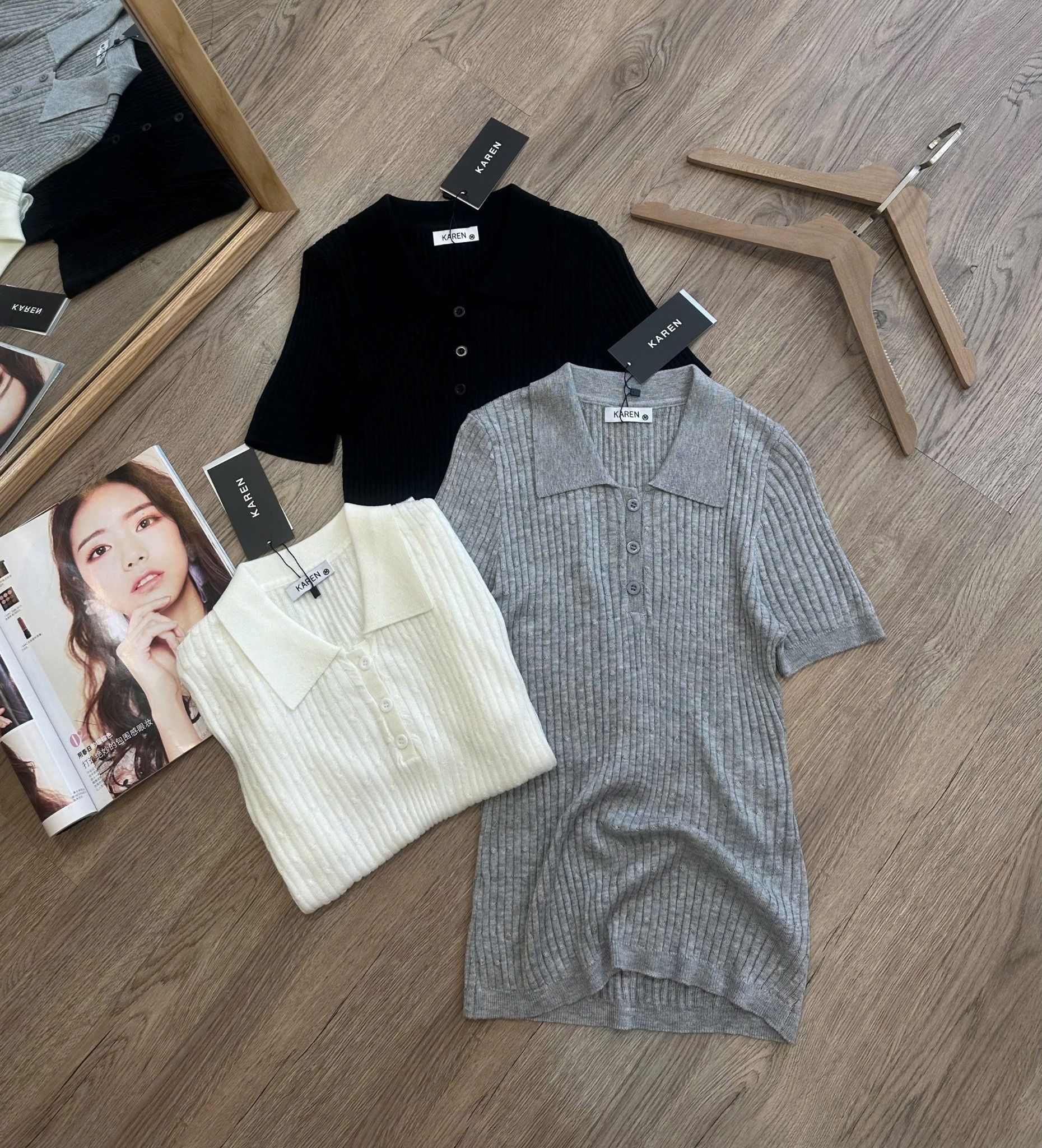  Áo thun cổ bẻ thun dệt kim nữ 