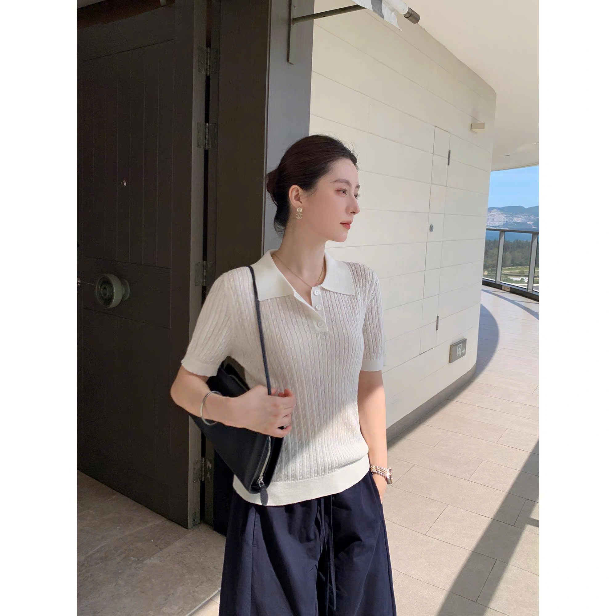  Áo thun cổ bẻ thun dệt kim nữ 