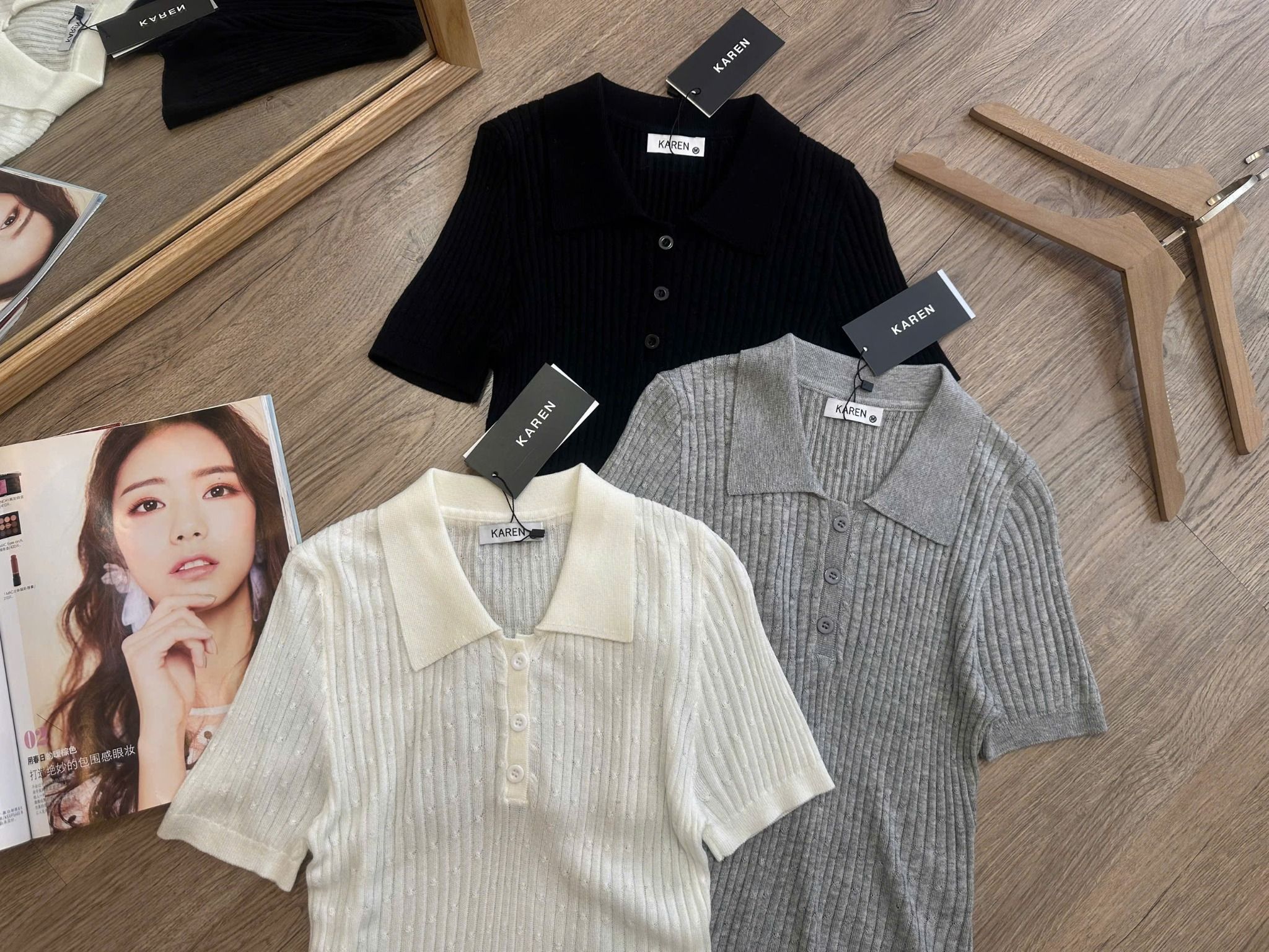  Áo thun cổ bẻ thun dệt kim nữ 