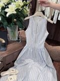  Đầm kẻ xanh vải thô Hàn nữ 
