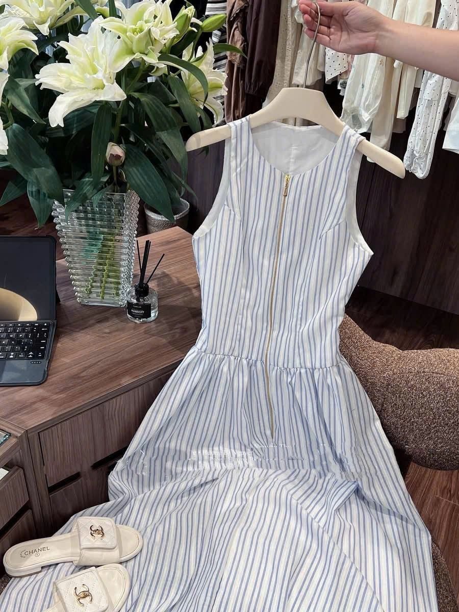  Đầm kẻ xanh vải thô Hàn nữ 