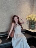  Đầm kẻ xanh vải thô Hàn nữ 