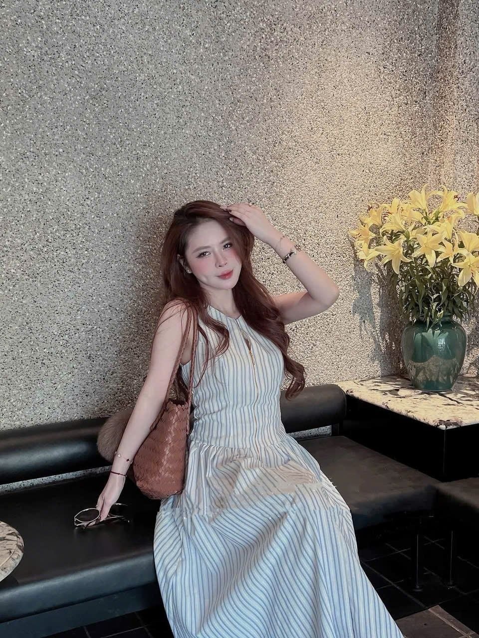 Đầm kẻ xanh vải thô Hàn nữ 
