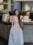  Đầm kẻ xanh vải thô Hàn nữ 
