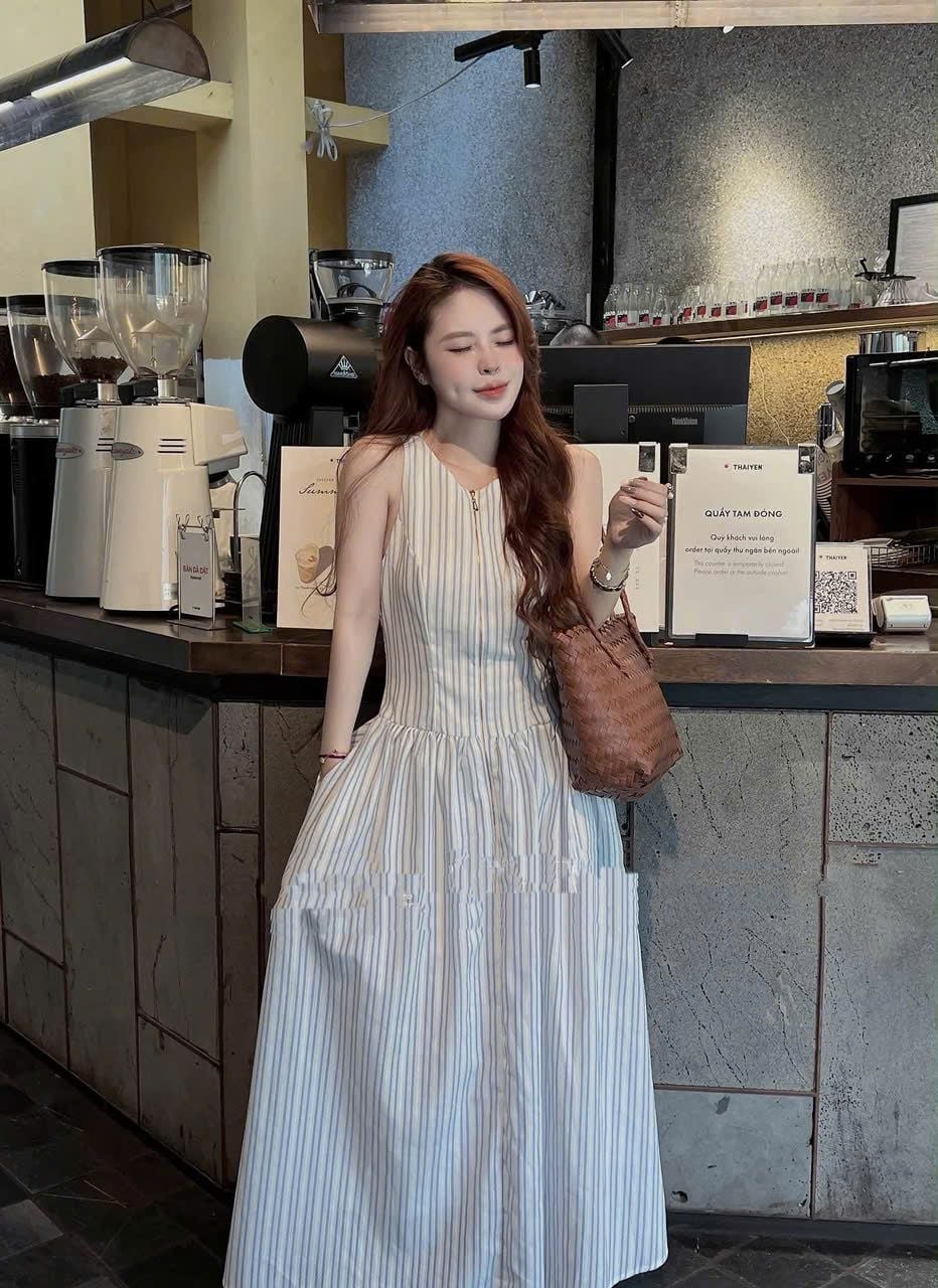  Đầm kẻ xanh vải thô Hàn nữ 