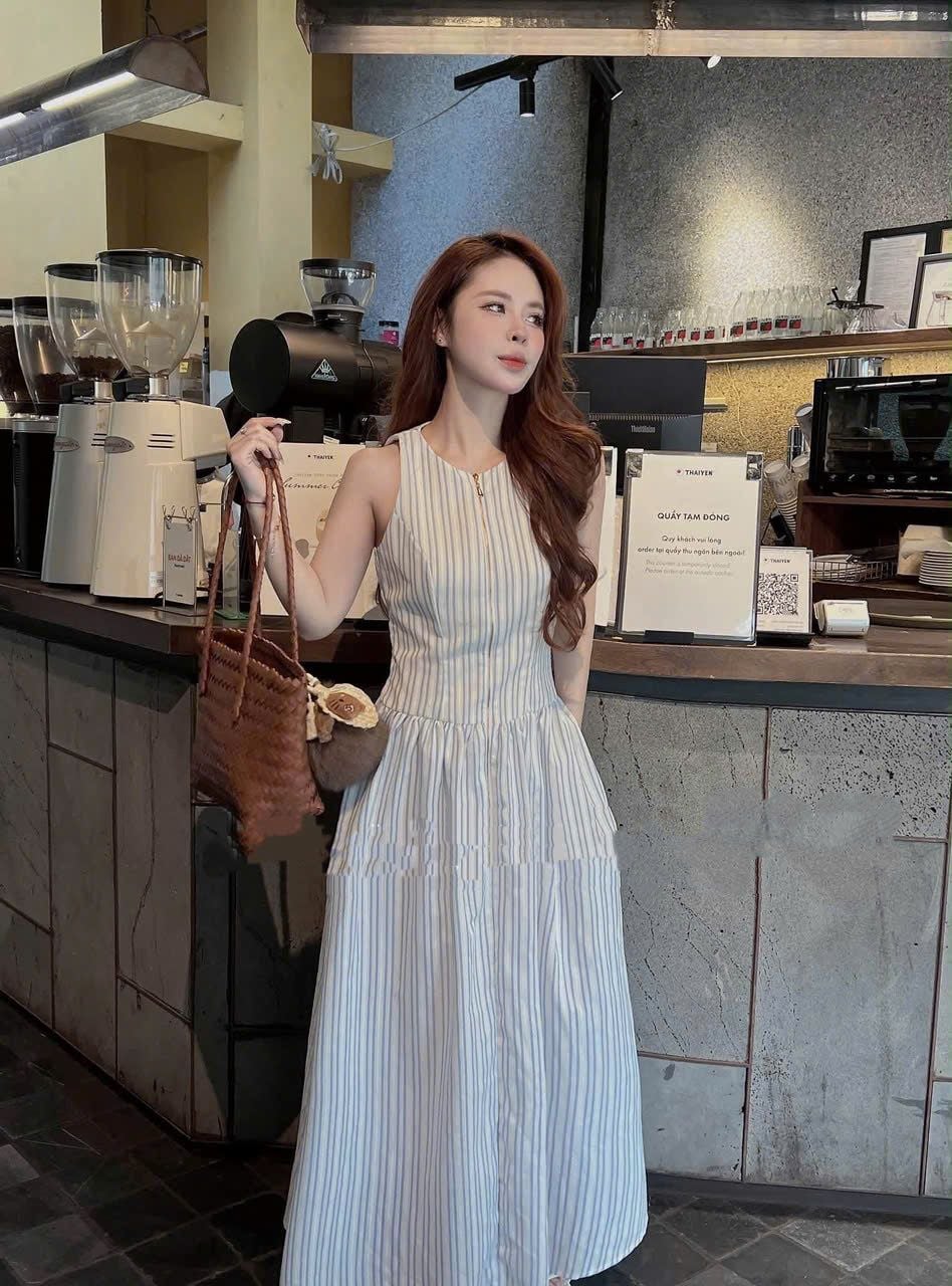  Đầm kẻ xanh vải thô Hàn nữ 