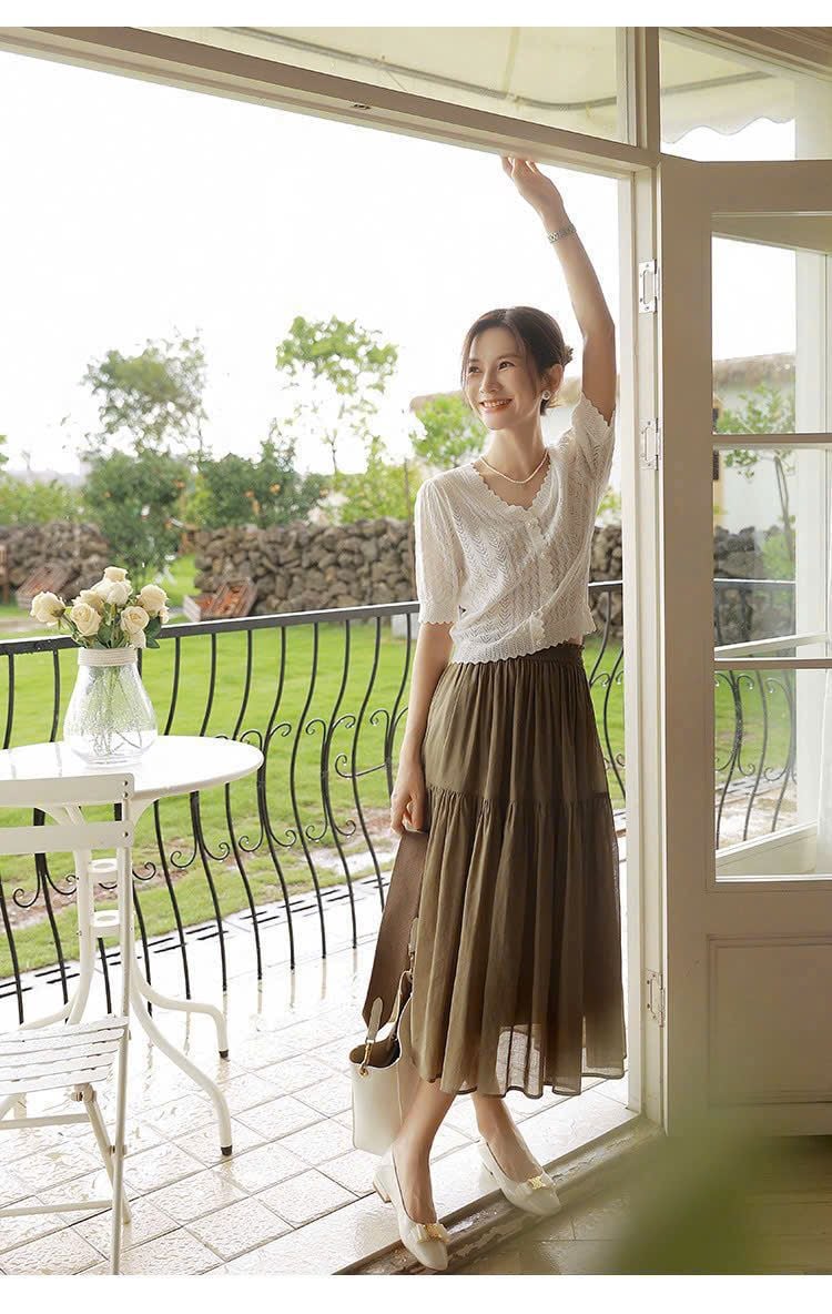  Chân váy midi thô tằm nữ 