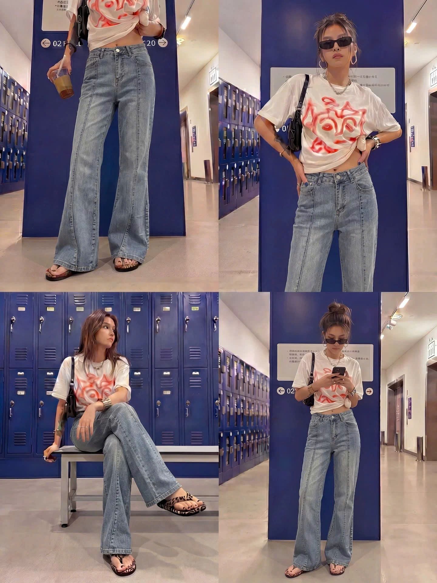  Quần jeans nữ dài dáng loe xám khói wash 