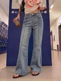  Quần jeans nữ dài dáng loe xám khói wash 