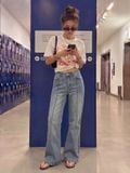  Quần jeans nữ dài dáng loe xám khói wash 