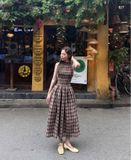  Đầm Nữ Maxi Caro Nâu Ba Lỗ Nhúng Thân Dáng Dài 