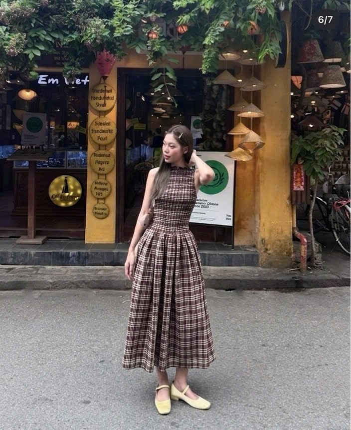  Đầm Nữ Maxi Caro Nâu Ba Lỗ Nhúng Thân Dáng Dài 