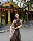  Đầm Nữ Maxi Caro Nâu Ba Lỗ Nhúng Thân Dáng Dài 