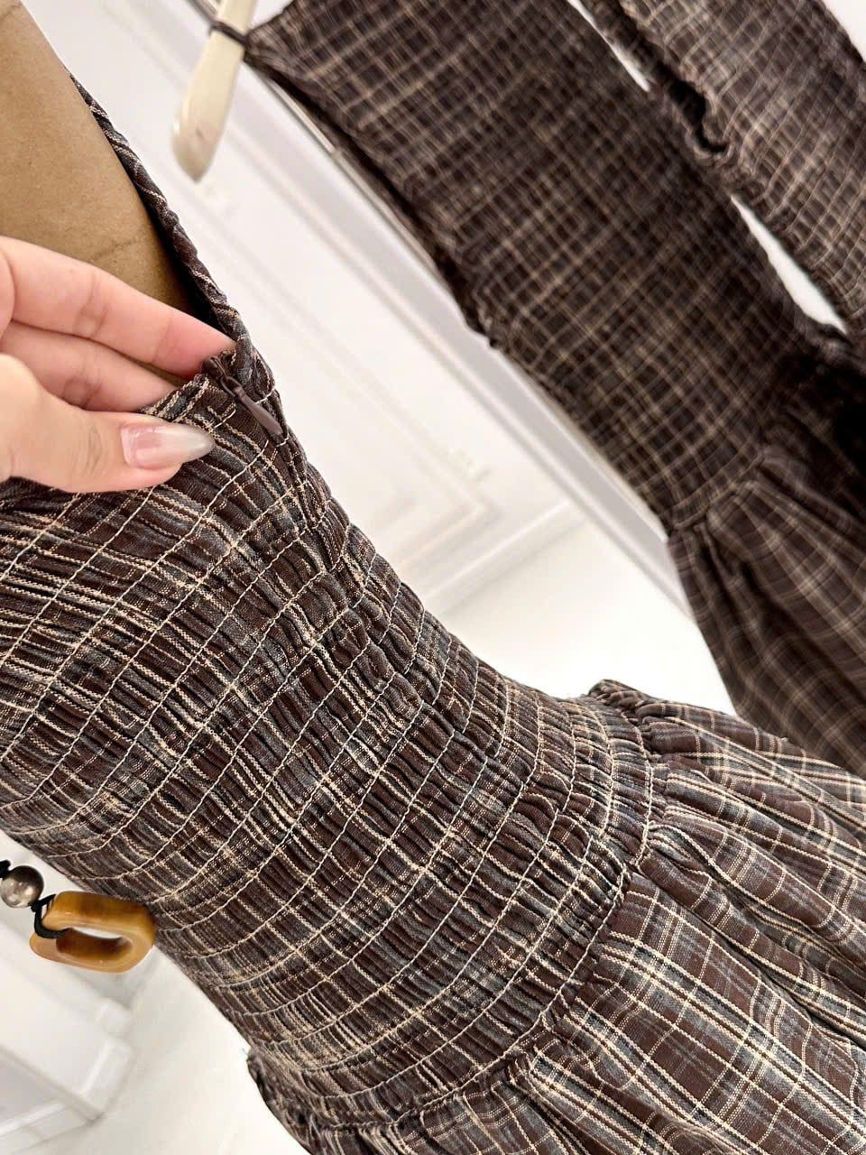  Đầm Nữ Maxi Caro Nâu Ba Lỗ Nhúng Thân Dáng Dài 