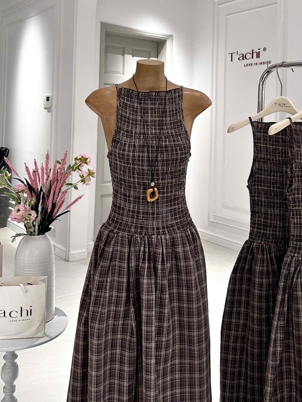  Đầm Nữ Maxi Caro Nâu Ba Lỗ Nhúng Thân Dáng Dài 