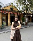  Đầm Nữ Maxi Caro Nâu Ba Lỗ Nhúng Thân Dáng Dài 