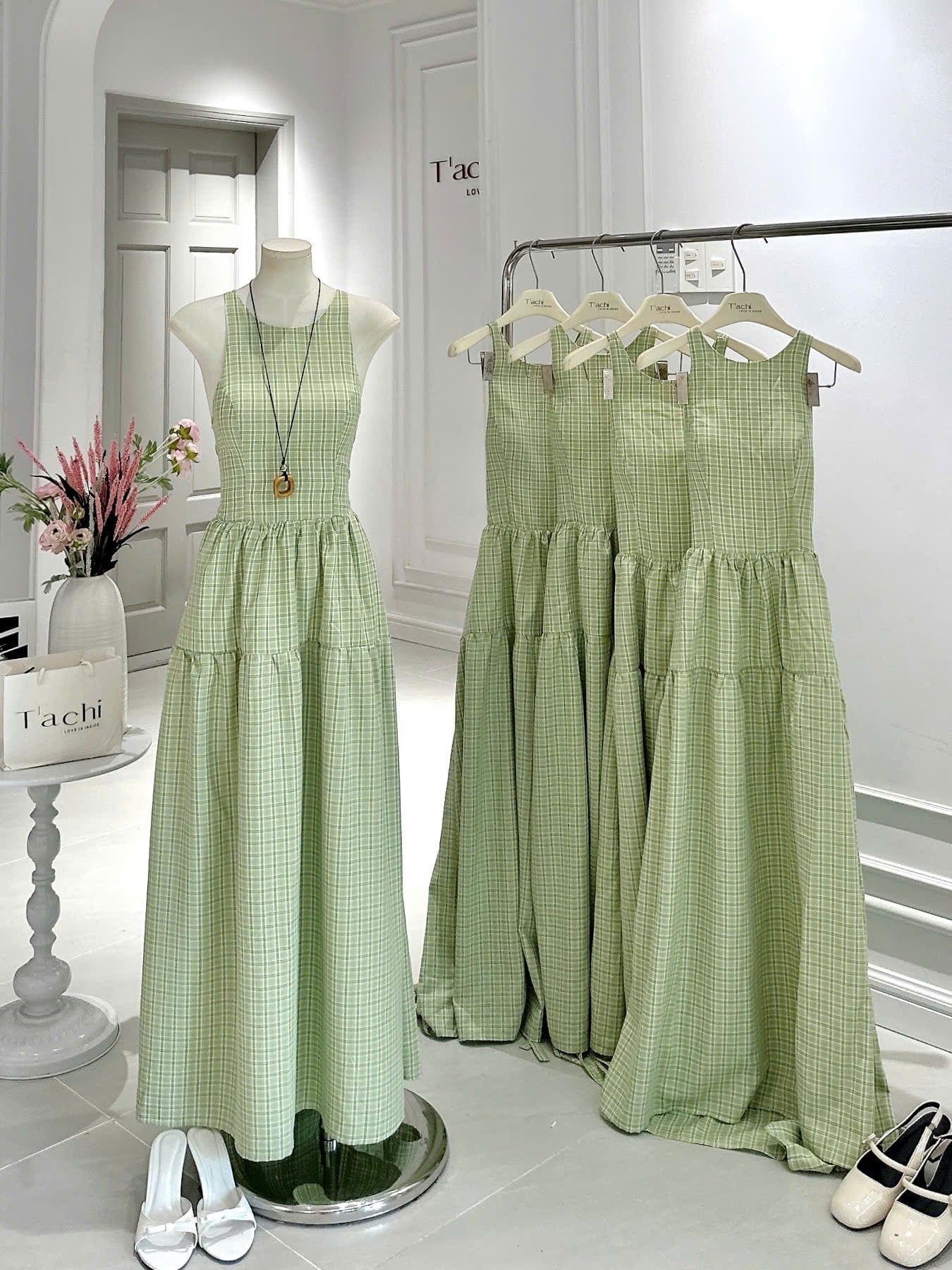  Đầm Nữ Maxi Caro Xanh Dáng Dài Hở Lưng Đan Dây 