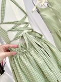  Đầm Nữ Maxi Caro Xanh Dáng Dài Hở Lưng Đan Dây 