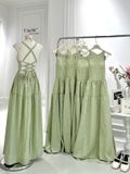  Đầm Nữ Maxi Caro Xanh Dáng Dài Hở Lưng Đan Dây 