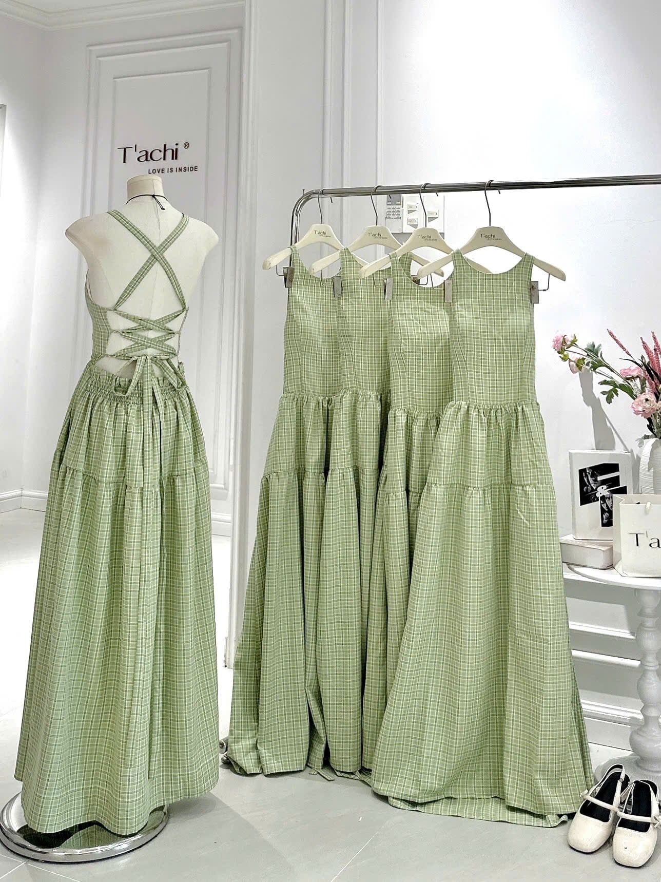  Đầm Nữ Maxi Caro Xanh Dáng Dài Hở Lưng Đan Dây 