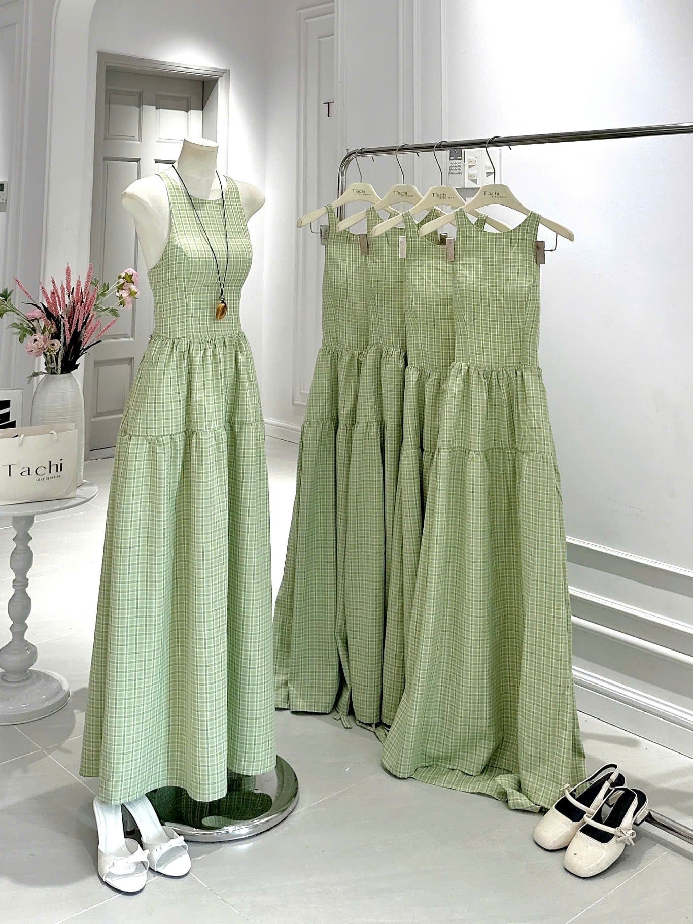  Đầm Nữ Maxi Caro Xanh Dáng Dài Hở Lưng Đan Dây 