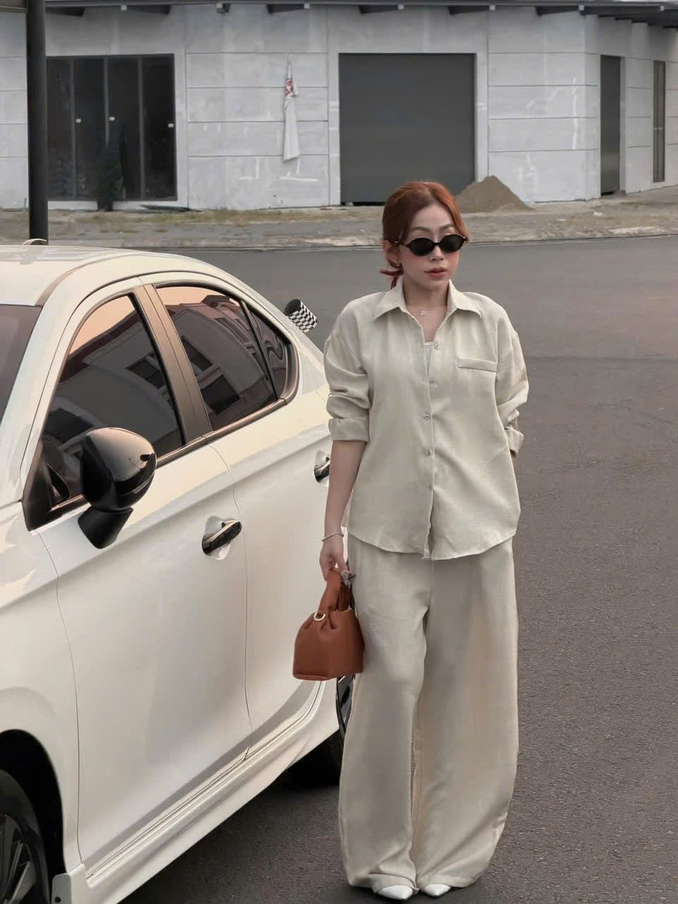  Set Ba Món Nữ Linen Áo Sơ Mi + Áo Ba Lỗ Mix Quần Suông Dài 