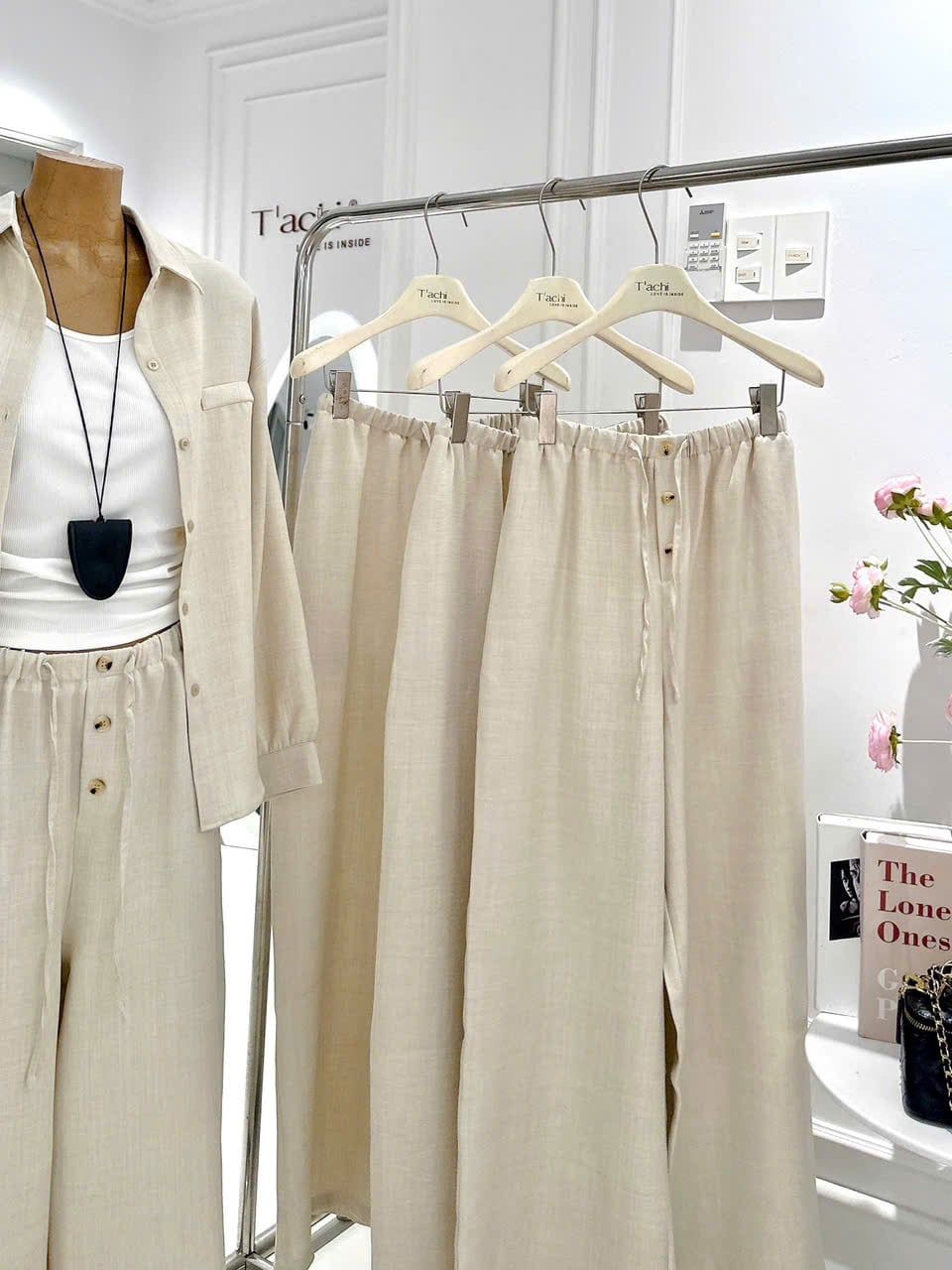  Set Ba Món Nữ Linen Áo Sơ Mi + Áo Ba Lỗ Mix Quần Suông Dài 
