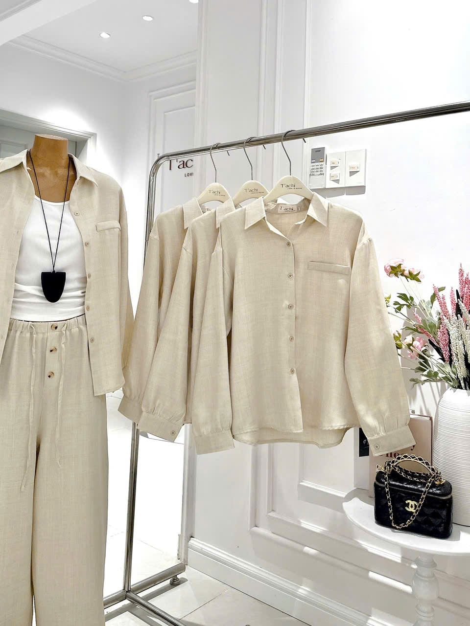  Set Ba Món Nữ Linen Áo Sơ Mi + Áo Ba Lỗ Mix Quần Suông Dài 
