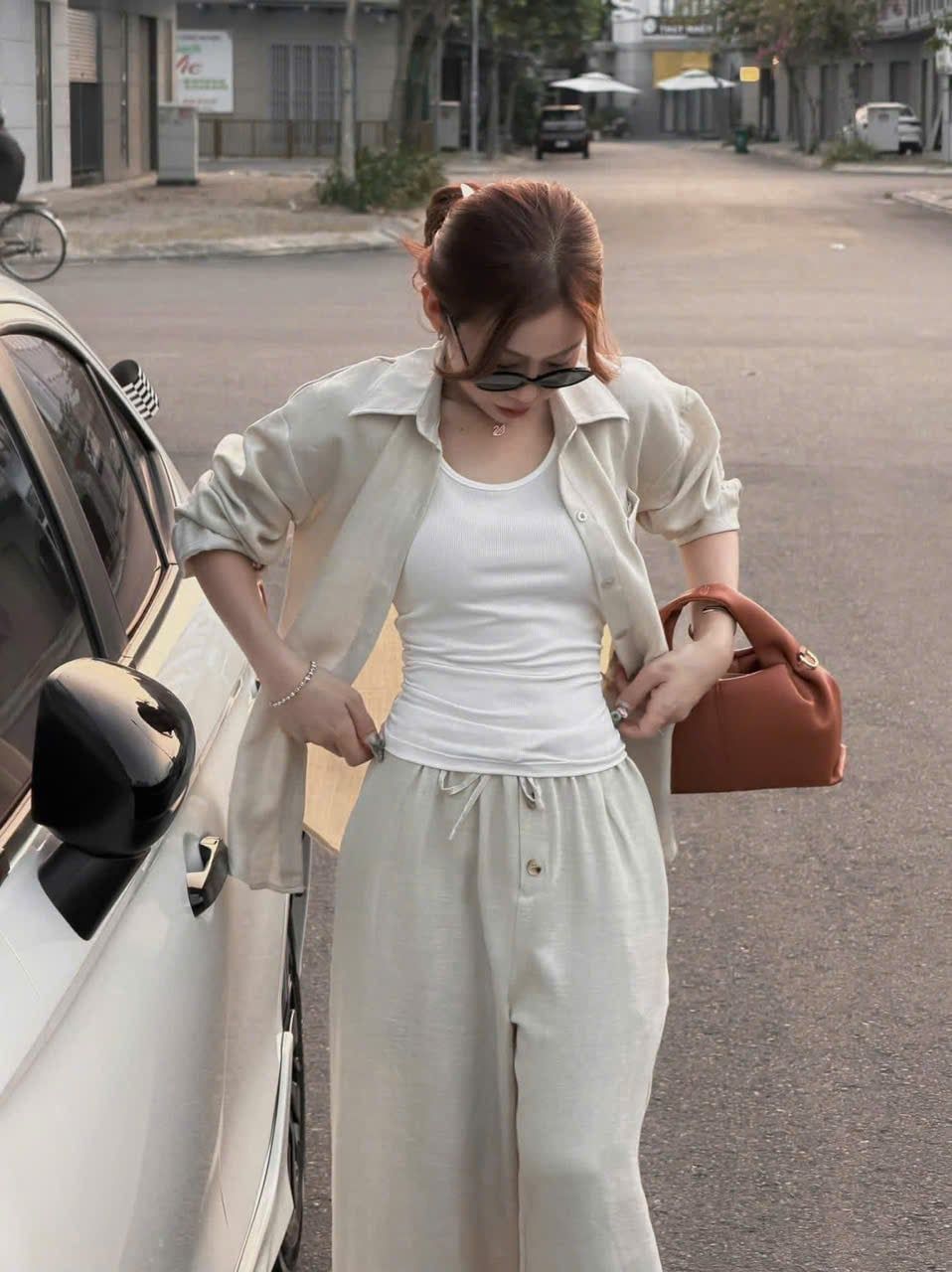  Set Ba Món Nữ Linen Áo Sơ Mi + Áo Ba Lỗ Mix Quần Suông Dài 