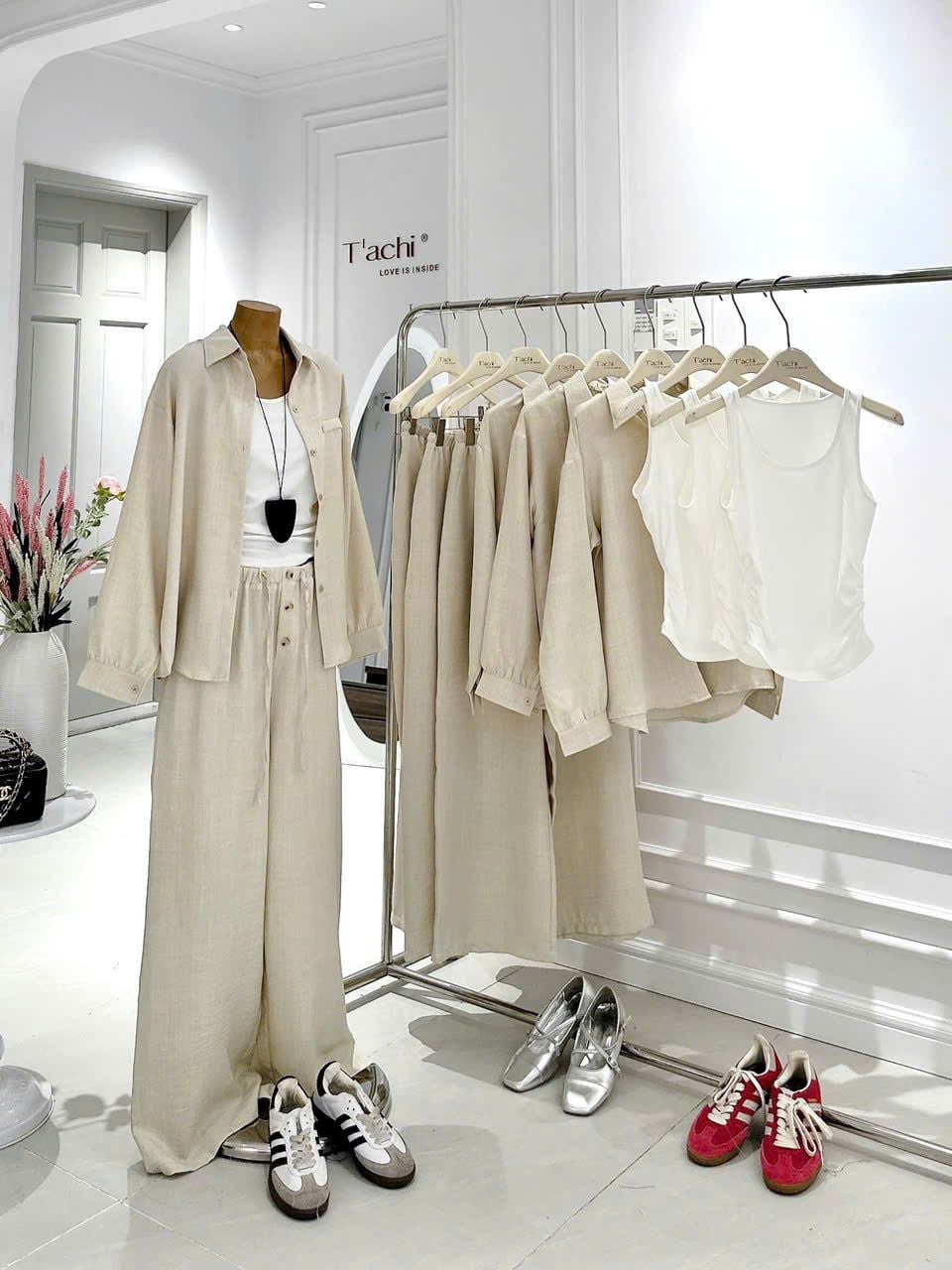  Set Ba Món Nữ Linen Áo Sơ Mi + Áo Ba Lỗ Mix Quần Suông Dài 